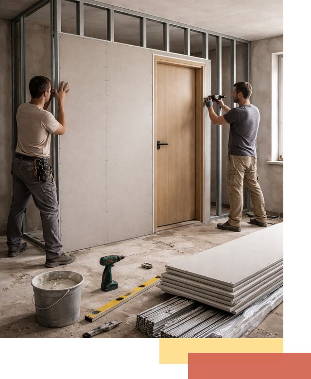 Перегородка из гипсокартона с дверью под ключ в Арзамасе