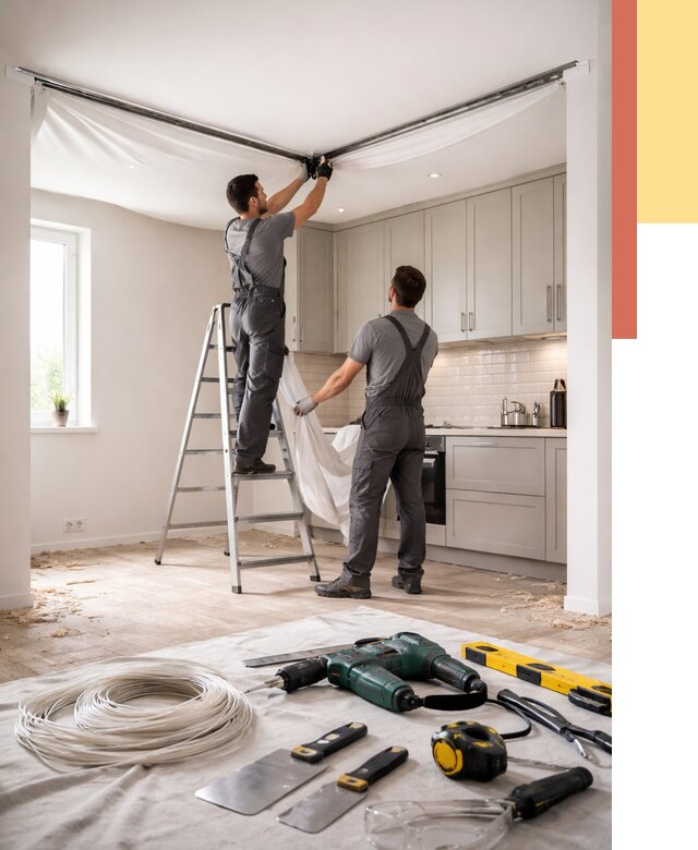 Установка натяжного потолка на кухне в Арзамасе от 2607 руб. | ОТДЕЛОЧНИК-Рзм