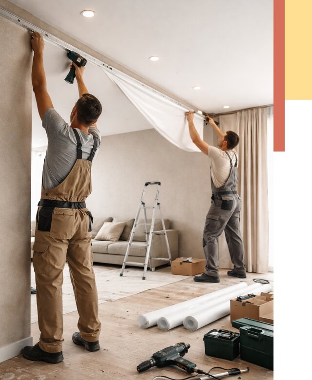 Монтаж натяжного потолка в гостиной в Арзамасе от 597 руб. | ОТДЕЛОЧНИК-Рзм